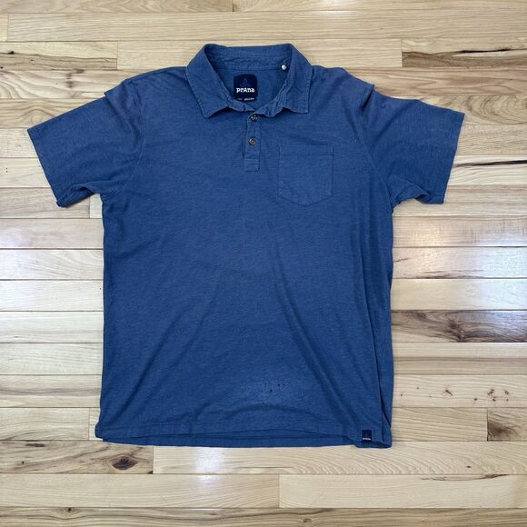 prAna Men's Polo Large Short Sleeve 2 Button Blue Solid With Pocket - Damage - Picture 1 of 5
